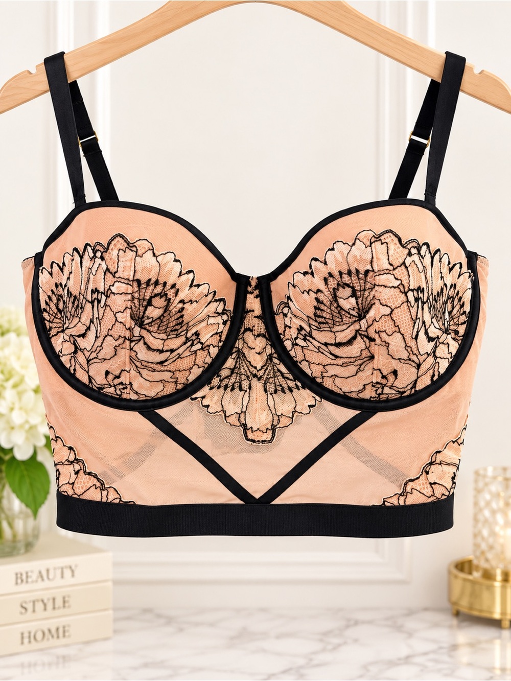 Romantic Goth Peach Black Floral Lace Bustier Longline Corset Top Medium